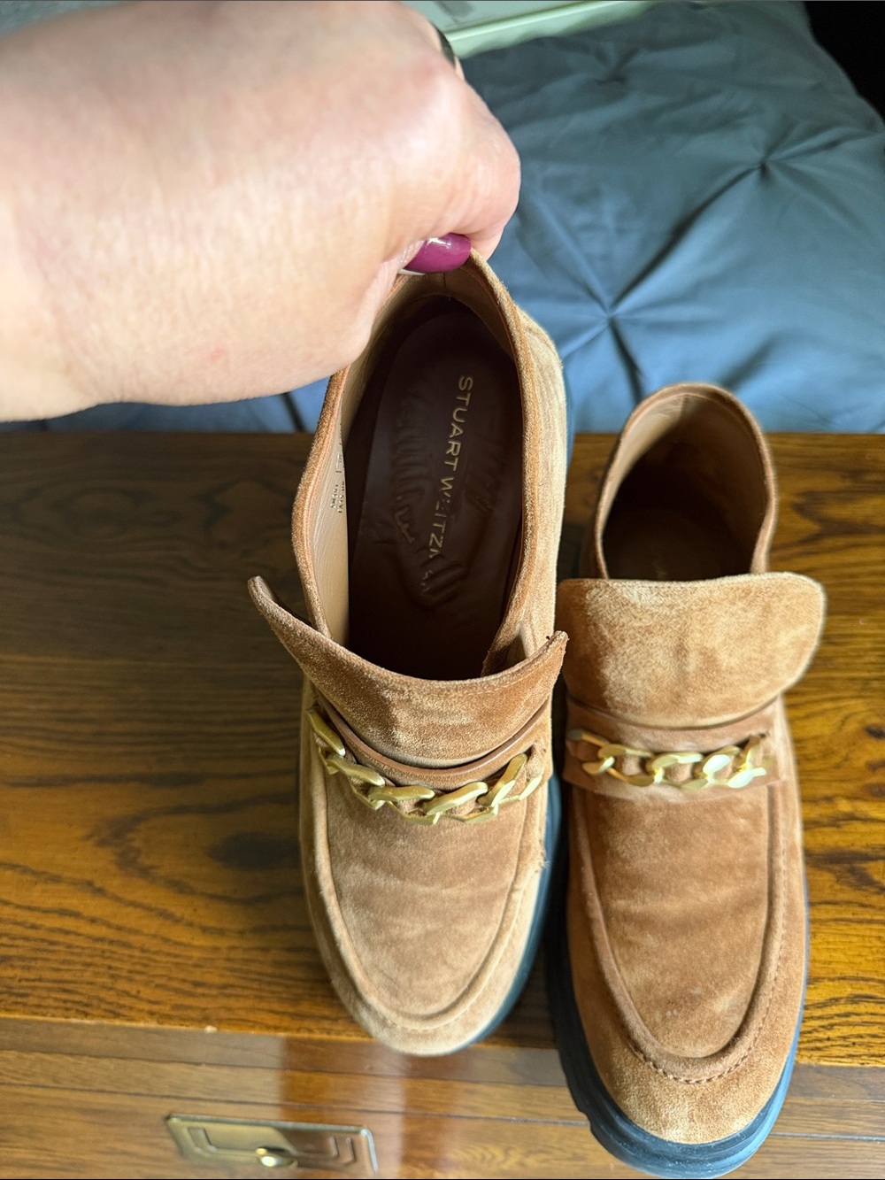 Stuart Weitzman Tan Suede Loafers with Gold Chain Accent